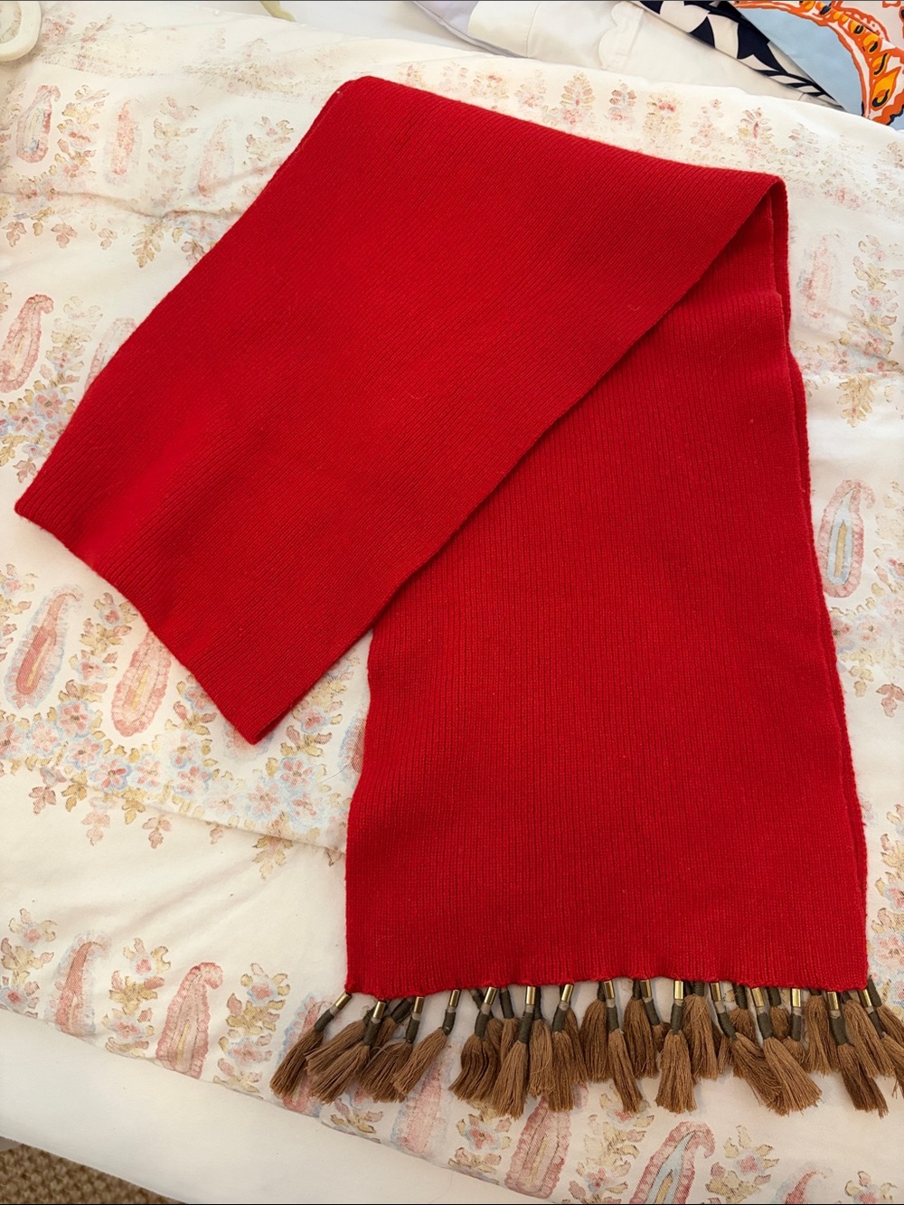 J. Crew Bright Red Knit Scarf with Brown Tassels
